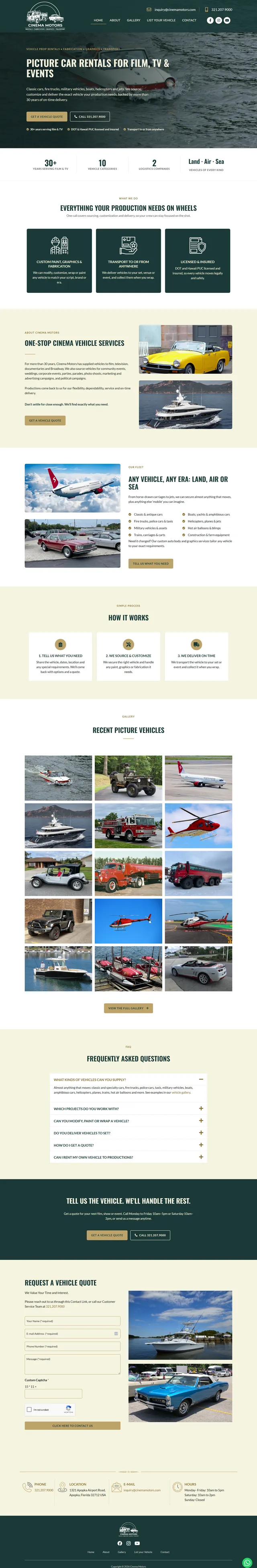 Full-page screenshot of the Cinema Motors picture car rentals website