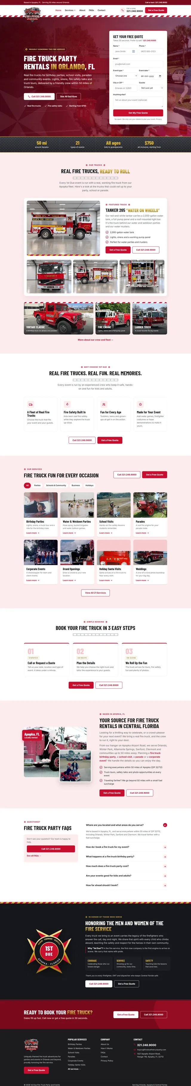 Full-page screenshot of the First Due Fire Truck party rentals website