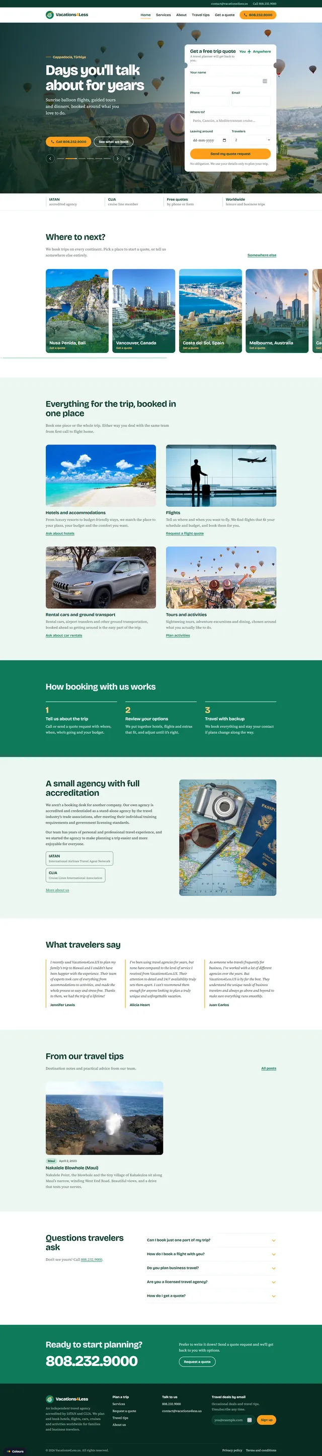 Full-page screenshot of the Vacations4Less travel agency website